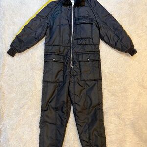 Vintage Black One-Piece youths ski suit Jumpsuit with Yellow Stripes